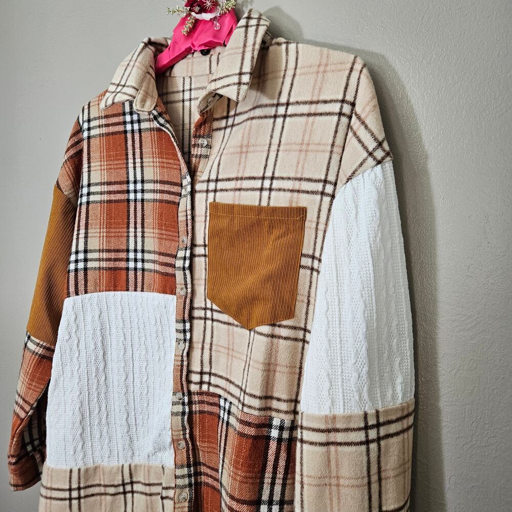 Patchwork Plaid Mixed Media Shacket Women XL Cottage Rustic CabinCore FallVibes